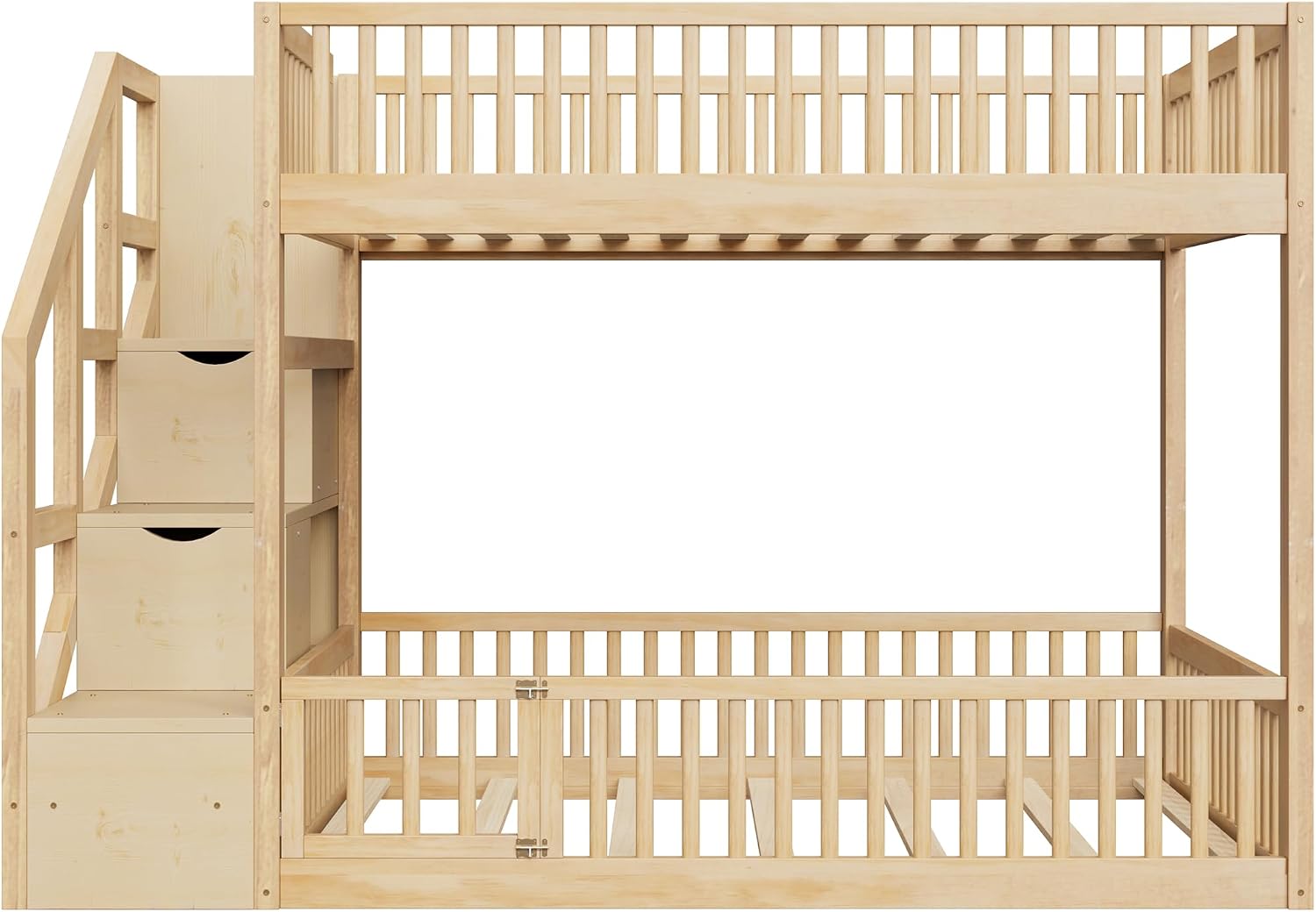 Full Over Full Floor Bunk Bed with Storage Ladder and Guardrails,for Kids Teens Adults (Natural#FF, Full Over Full)