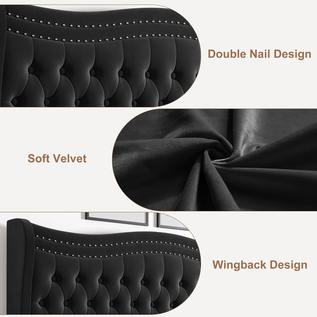 Queen Bed Frame with Tall Headboard & Footboard, Velvet Upholstered Platform Bed Frame with Deep Button Tufted Wingback, No Box Spring Needed, Noise Free, Black