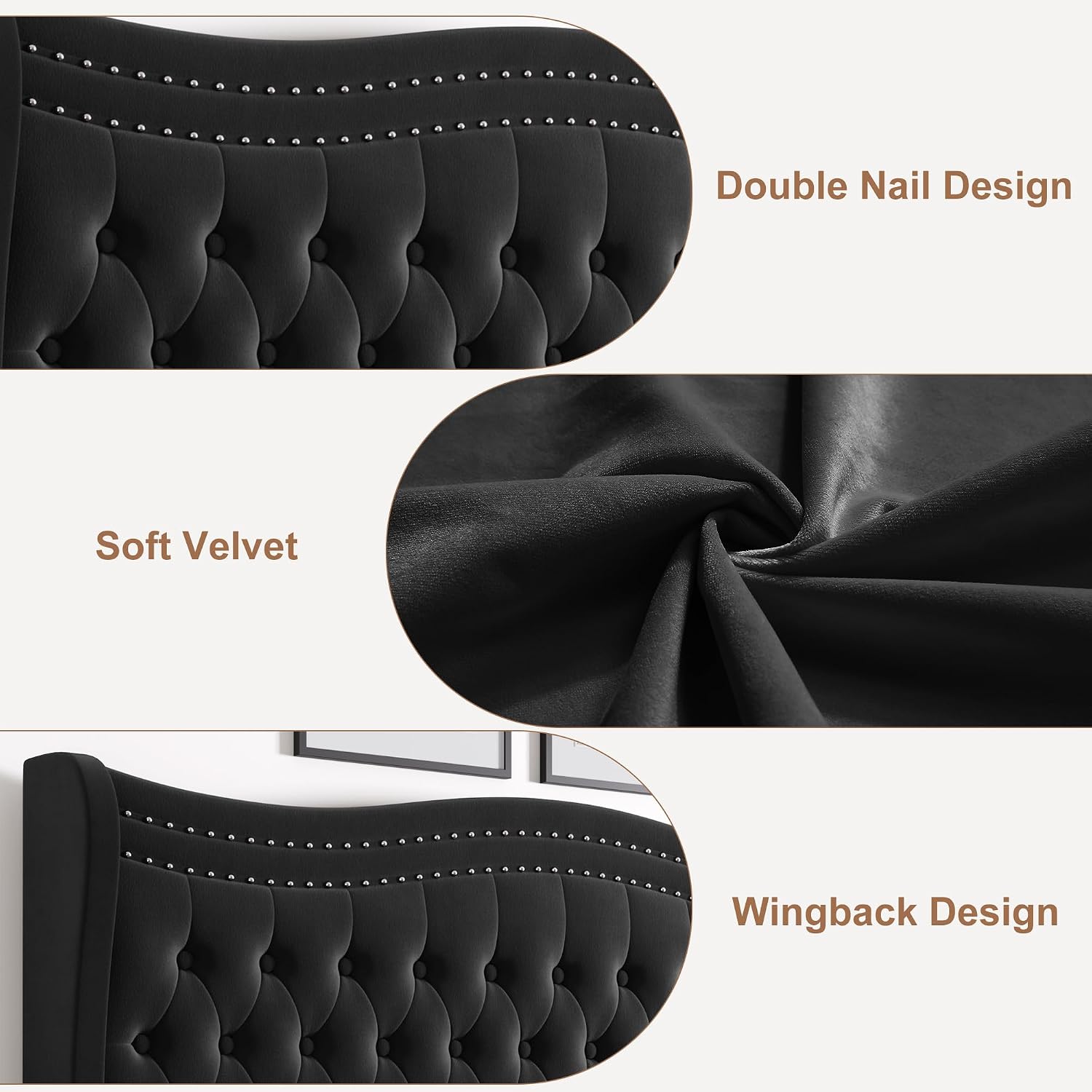Queen Bed Frame with Tall Headboard & Footboard, Velvet Upholstered Platform Bed Frame with Deep Button Tufted Wingback, No Box Spring Needed, Noise Free, Black