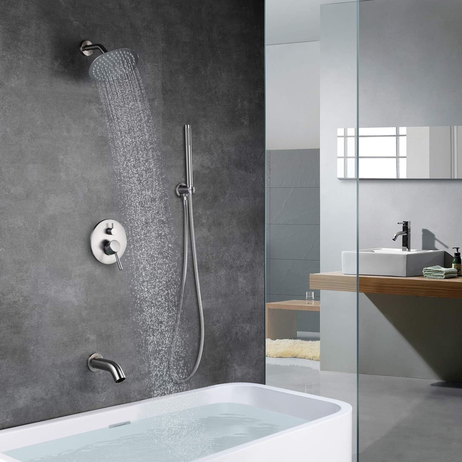 Brushed Nickel Shower System with Waterfall Tub Spout, 8 Inches Rain Shower and Handheld