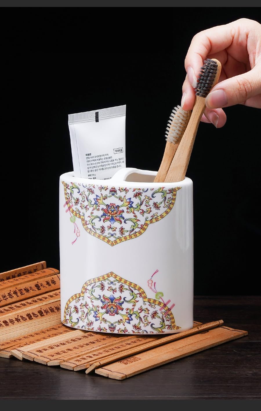 Bathroom Counter Organizer,Soap Dispenser Bathroom Set Easter Home Decor Bathroom Accessories Set Gold Classical Enamel Pattern Vintage Elegant Western Home Decor Boho Bathroom Decor 5-Piece Enamel