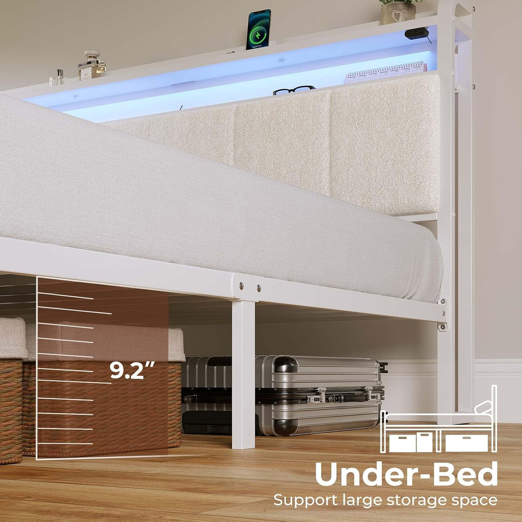 Rolanstar Bed Frame Queen Size with Charging Station and LED Lights, Upholstered Headboard with Storage Shelves, Heavy Duty Metal Slats, No Box Spring Need, Noise Free, Easy Assembly, White