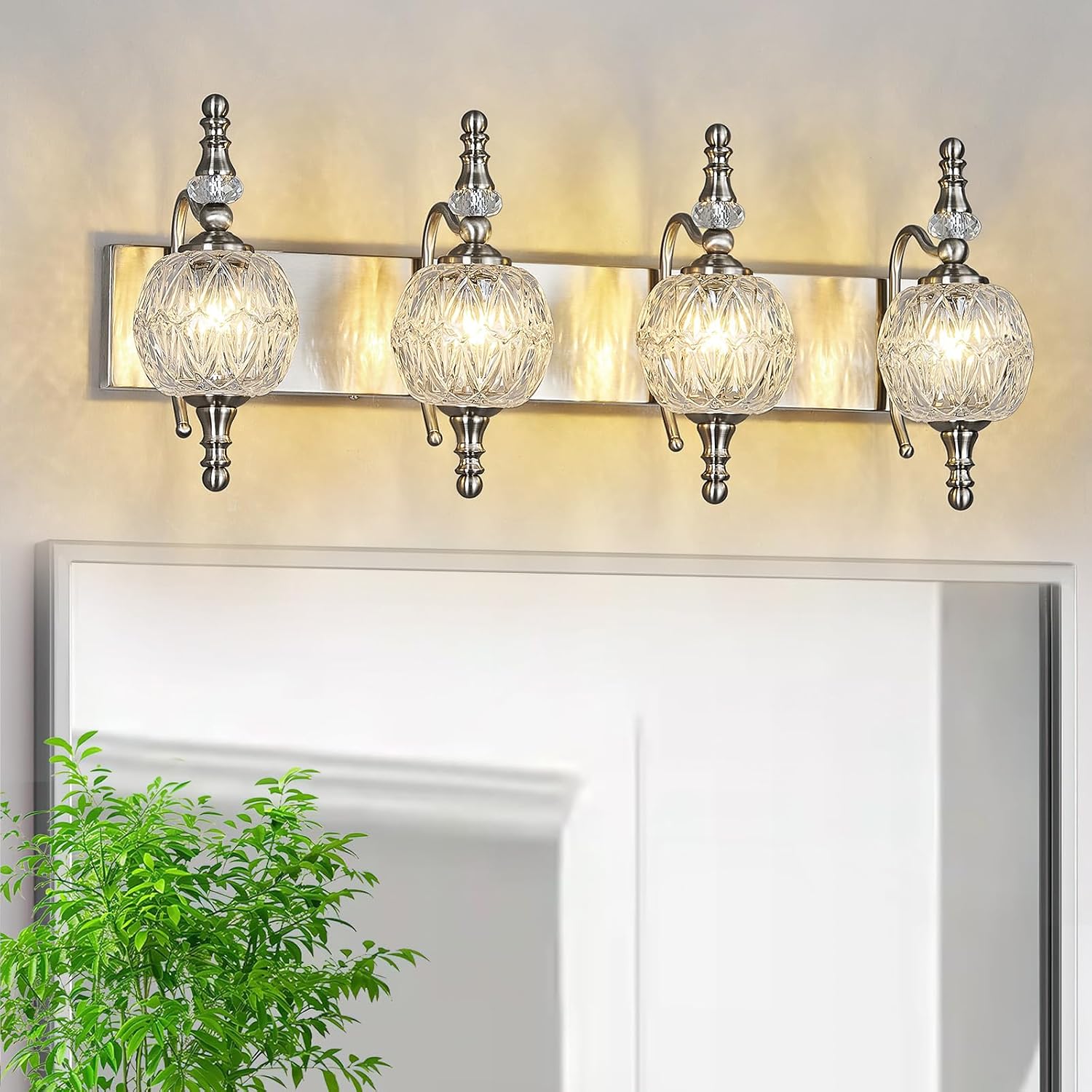 Modern Crystal Bathroom Vanity Lights Fixtures Over Mirror Brushed Nickel Vintage 4-Lights 28 Inch Bathroom Light Fixtures Glass Crystal Vanity Lights
