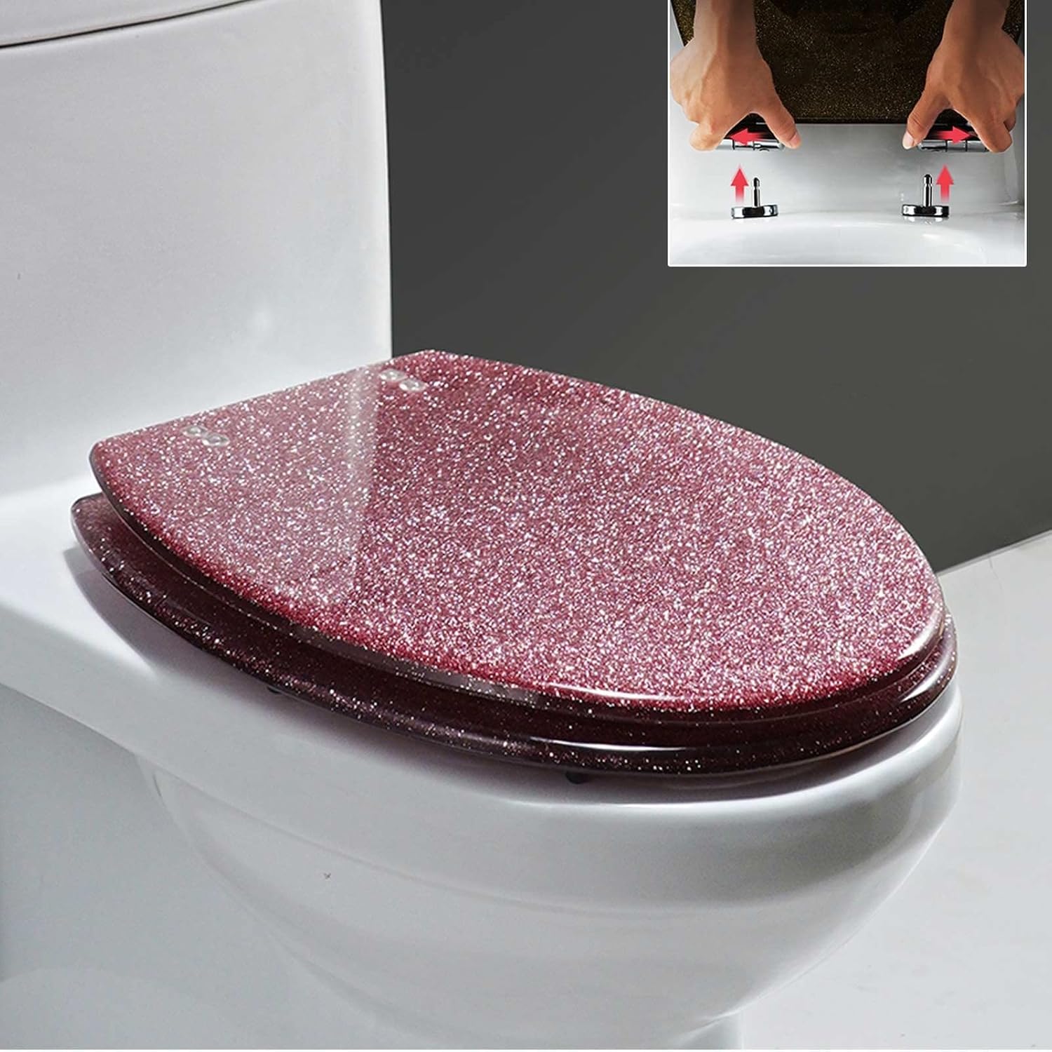 Sparkly Resin Toilet Seat, Resin Toilet Seat Round Toilet Seat, Thicken Toilet Seat, Slow Close, Toilet Lid Easy to Clean & Install (Pink)