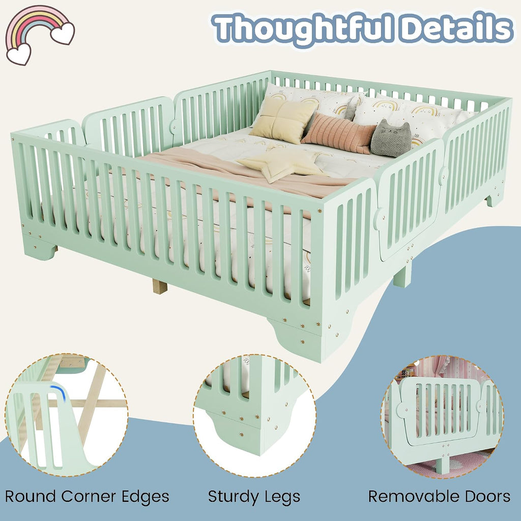 Montessori Full Floor Bed with High Rails and Removable Doors, Wood Low Profile Kids Full Size Bed Frame for Girls Boys, Safe Montessori Crib Floor Bed with Slats ,No Box Spring Needed, Green