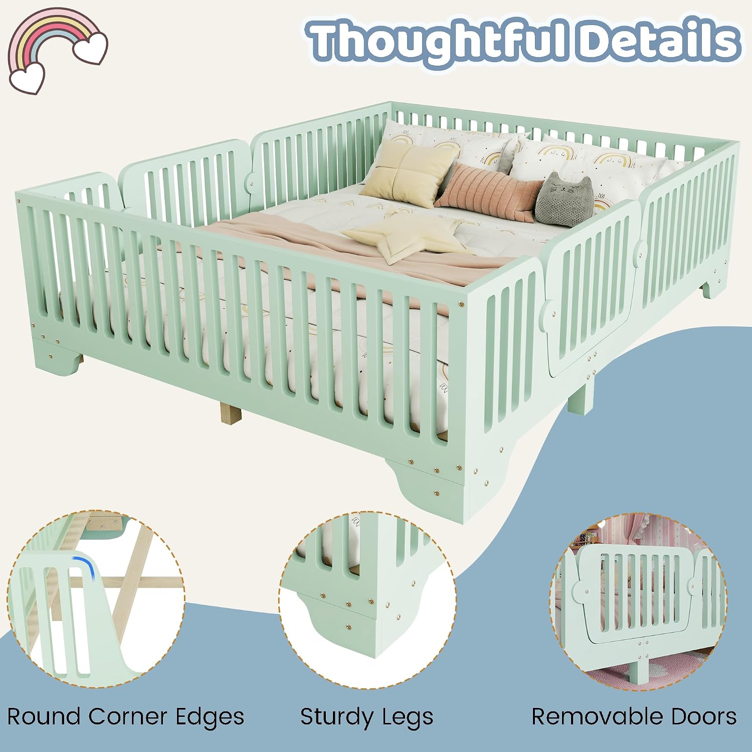 Montessori Full Floor Bed with High Rails and Removable Doors, Wood Low Profile Kids Full Size Bed Frame for Girls Boys, Safe Montessori Crib Floor Bed with Slats ,No Box Spring Needed, Green
