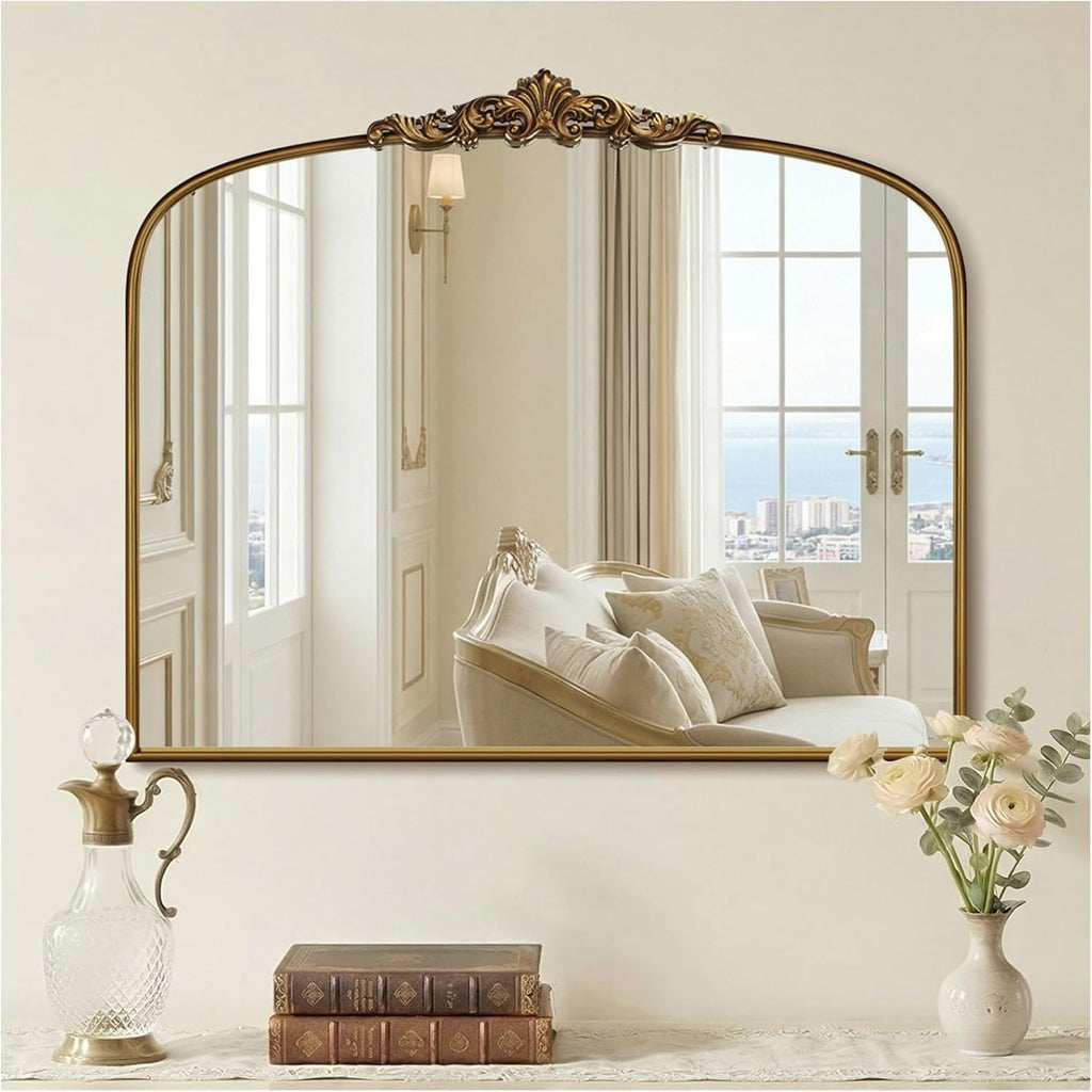 Vintage Gold Arched Wall Mirror 36'x30' – Ornate Baroque Style Antique Brass Frame, Decorative Large Mirror for Entryway, Living Room, Fireplace, Hallway, Bathroom