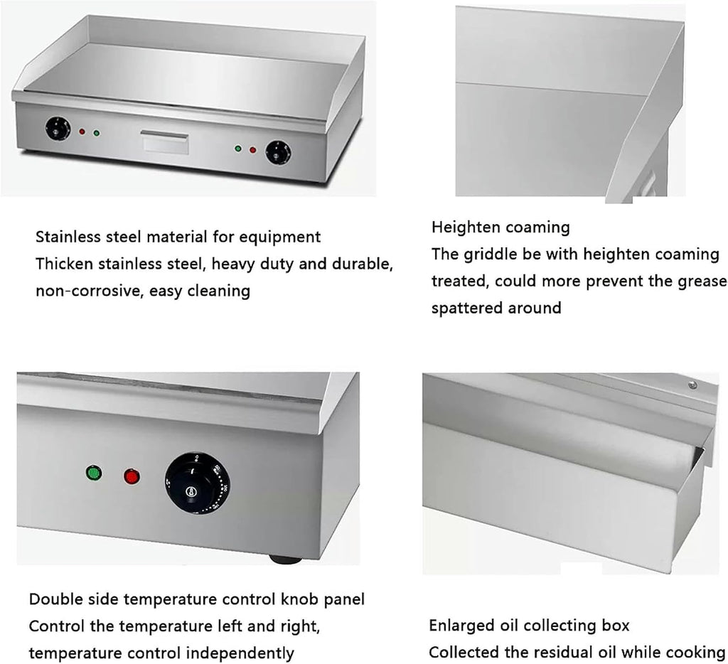 Commercial Flat Top Electric Griddle, Dual Control Stainless Steel Countertop Grill Teppanyaki Griddle with Adjustable Temp Control from 50°c to 300°c