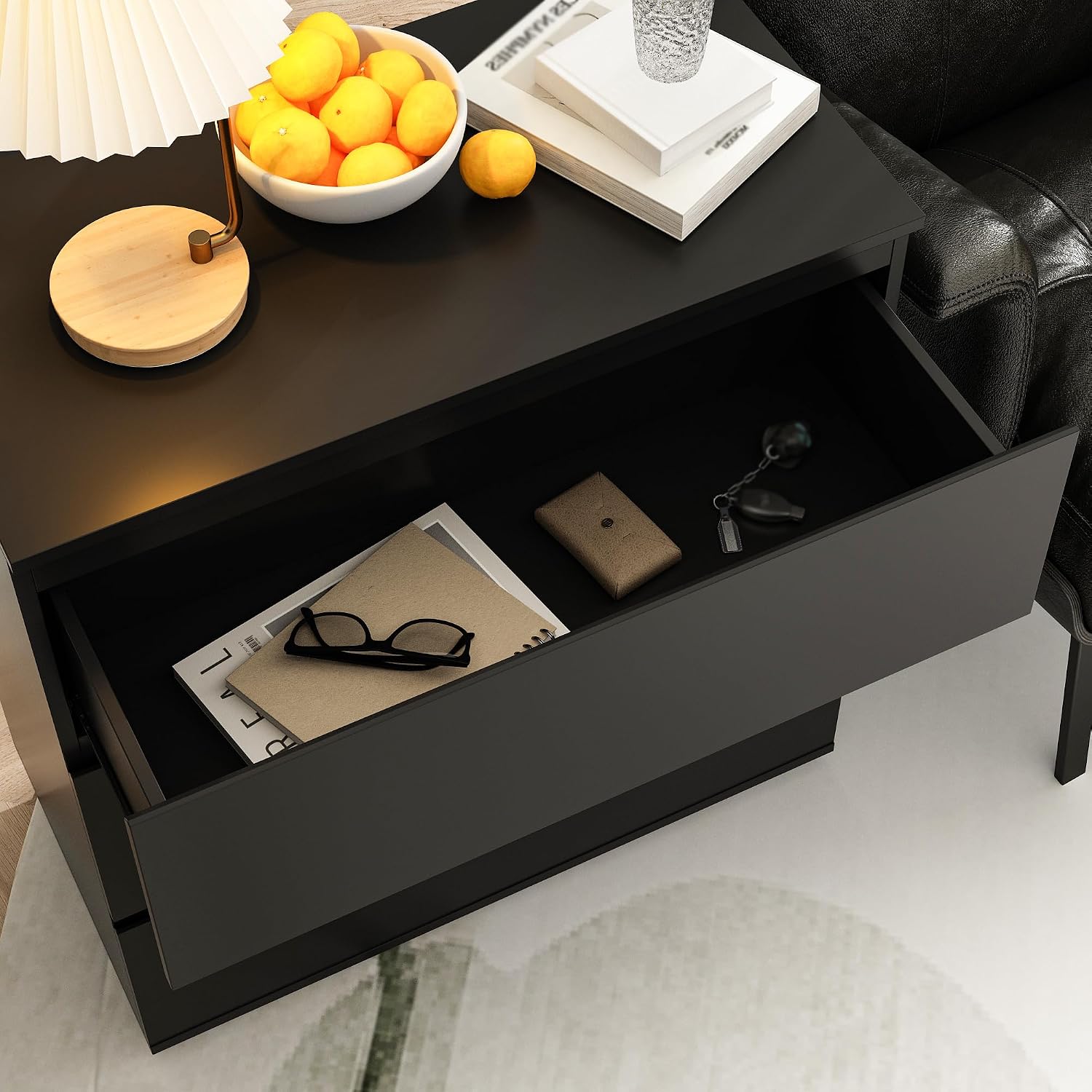 Nightstand with 3 Drawers, Modern Bedroom End Table with No Handle, Wooden Bedside Storage Cabinet, Black 30.3' W x 32.3' H