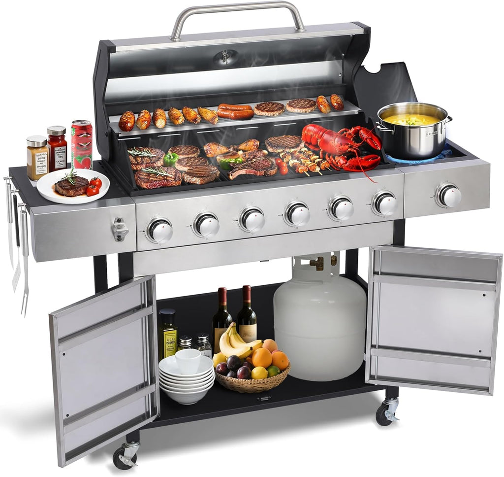 6-Burner Propane Gas BBQ Grill, Stainless Steel Propane Grill 36,900 BTU Outdoor Cabinet Style with Wheels, Wire Rack and Two Foldable Side Table for Outdoor Barbecue Cooking (6-Burner Grill,Silver)