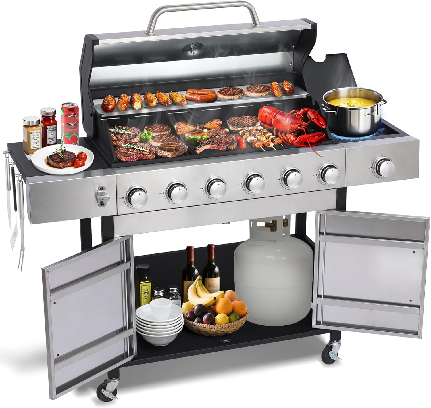 6-Burner Propane Gas BBQ Grill, Stainless Steel Propane Grill 36,900 BTU Outdoor Cabinet Style with Wheels, Wire Rack and Two Foldable Side Table for Outdoor Barbecue Cooking (6-Burner Grill,Silver)