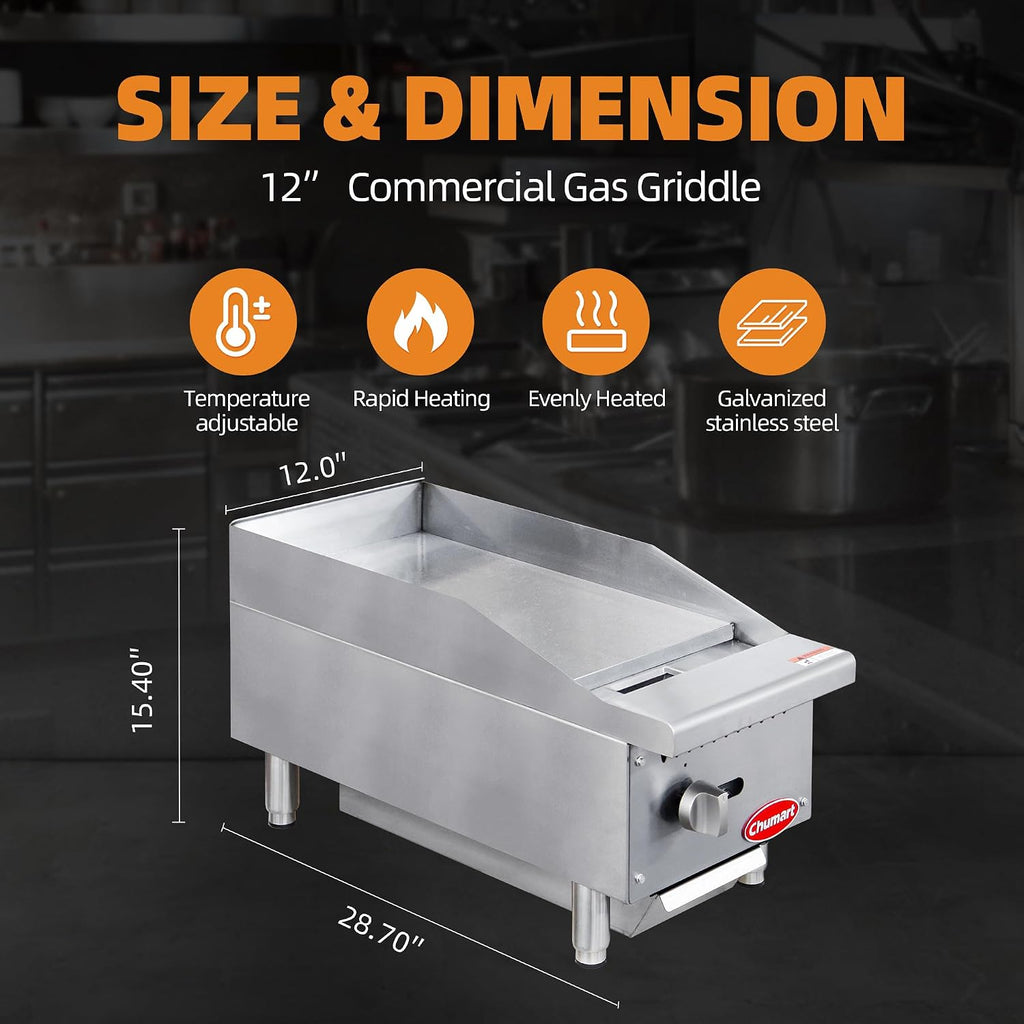 12' Commercial Countertop Griddle, Single Burners Gas Griddle, 30000 BTU Output, Stainless Steel Flat Top Grill Hot Plate with Natural Gas and Propane Conversion Kit for Restaurant, Food Truck
