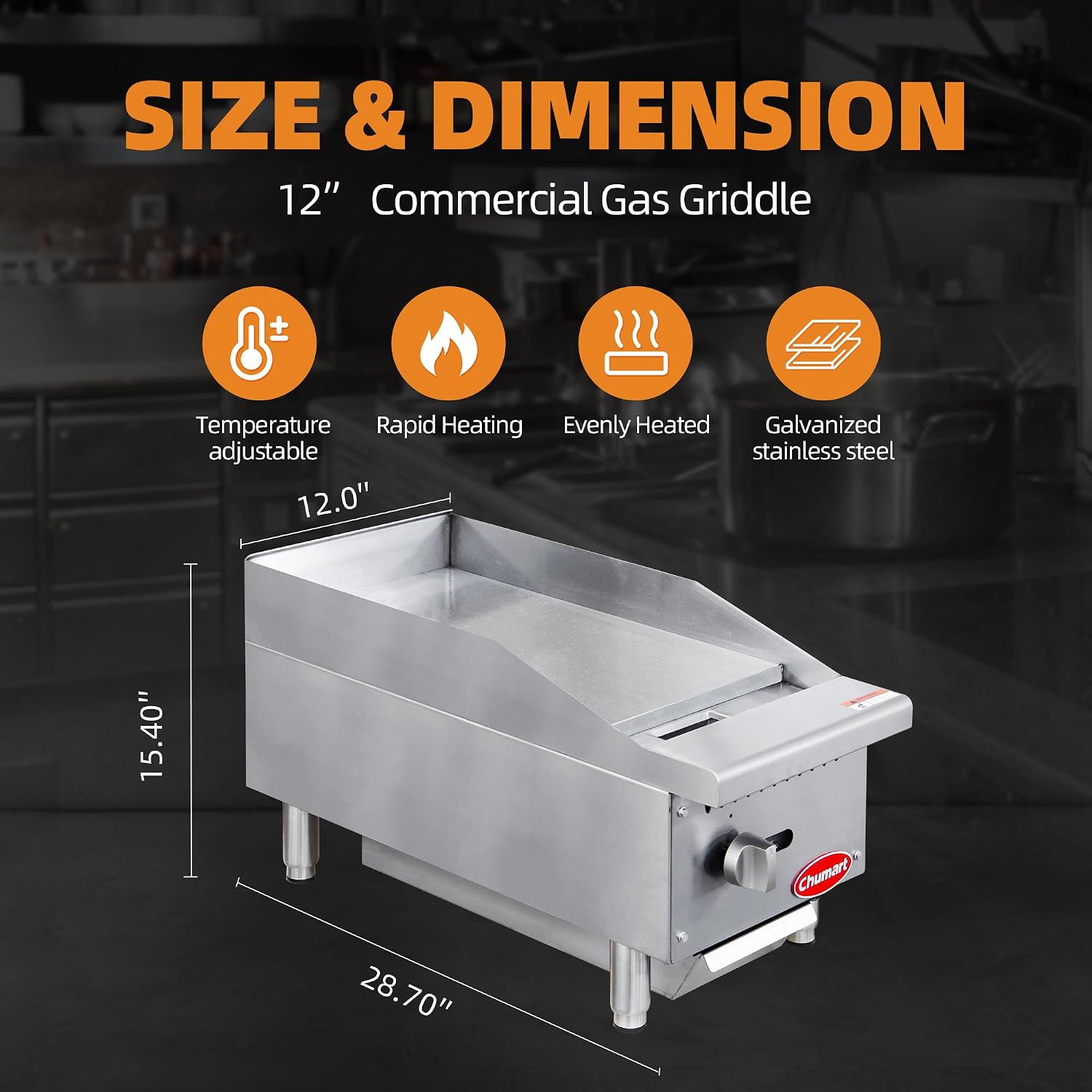 12' Commercial Countertop Griddle, Single Burners Gas Griddle, 30000 BTU Output, Stainless Steel Flat Top Grill Hot Plate with Natural Gas and Propane Conversion Kit for Restaurant, Food Truck