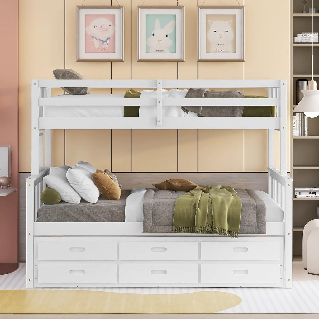 Harper & Bright Designs Twin Over Full Bunk Bed with Trundle, Solid Wood Bunk Bed Frame with Storage Drawers, for Kids Teens Adults (White)