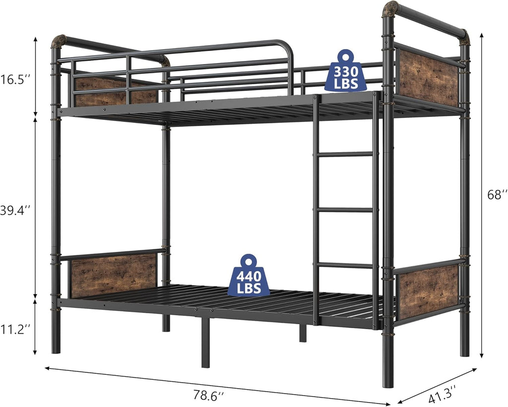 Jocoevol Metal Bunk Bed Twin Over Twin, Industrial Bunkbeds Heavy Duty Bed with Safety Guard Rails and Space-Saving Design, Steel Bed for School, Bedroom (Vintage Brown)