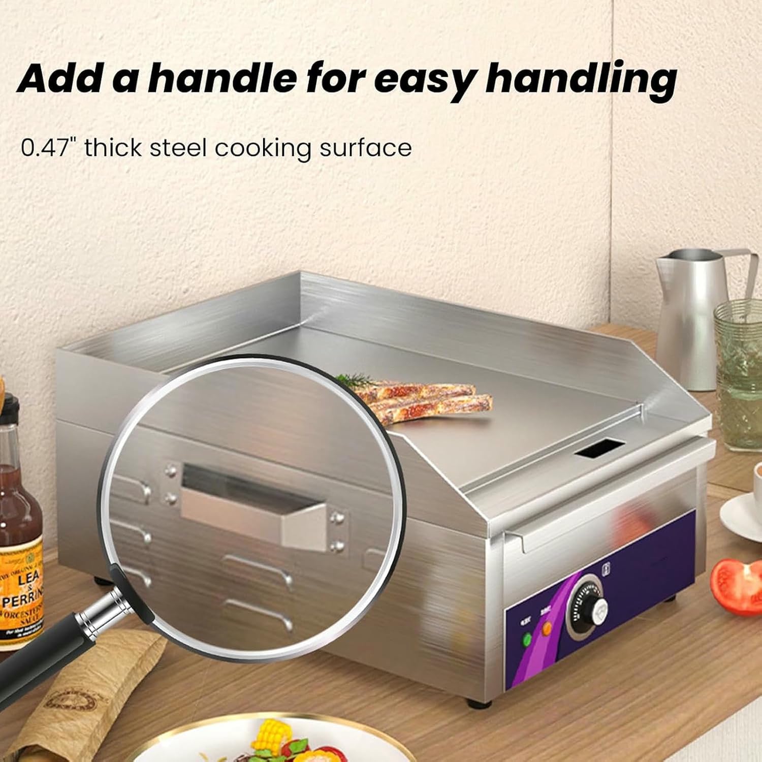 Commercial Electric Griddle 13.7' with Handle, Countertop Flat Top Griddle 2500W Non-Stick Restaurant Teppanyaki