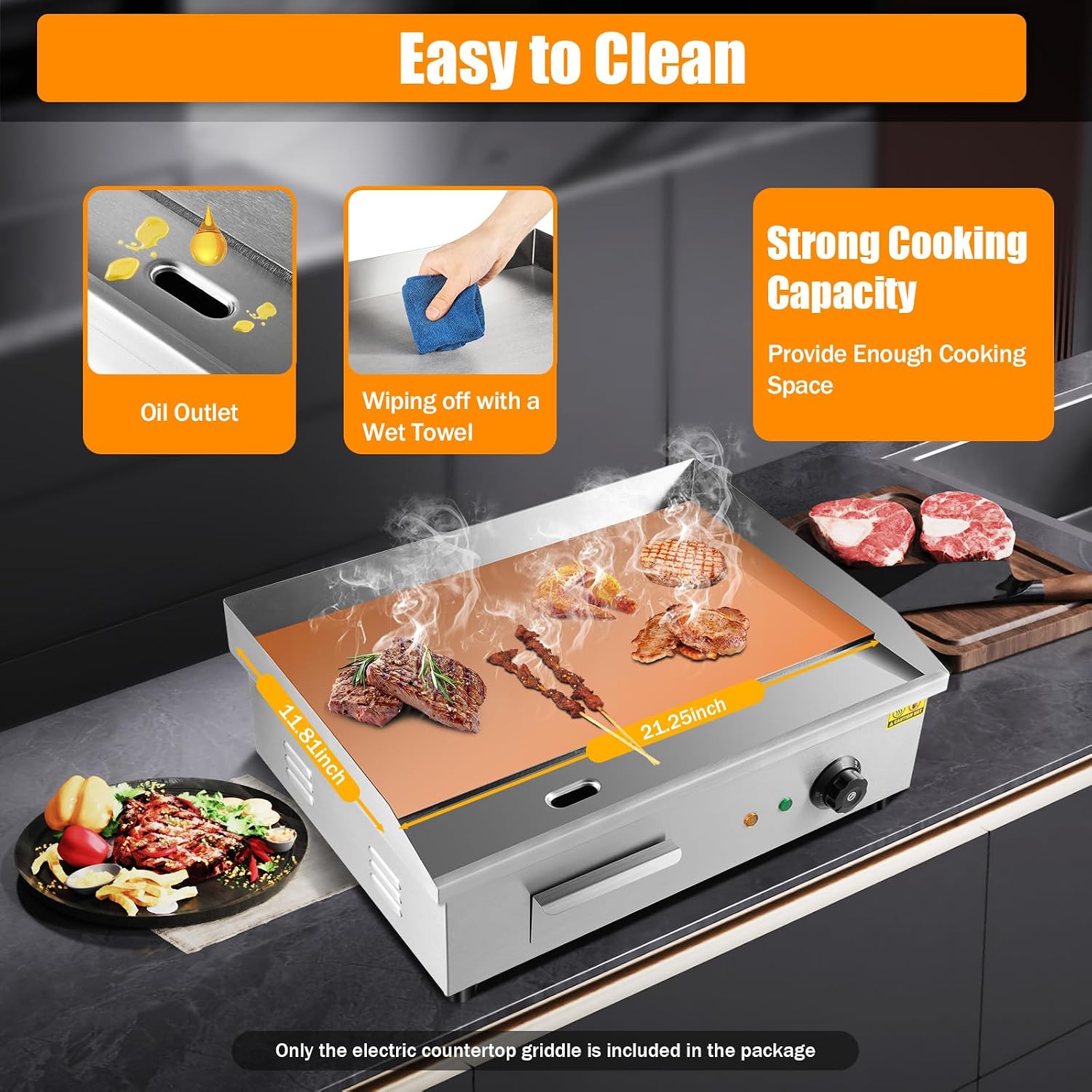 22' Commercial Electric Countertop Griddle Flat Top Grill Hot Plate BBQ 3000W Restaurant Tabletop Flat Top Grill Machine Adjustable Temperature Control