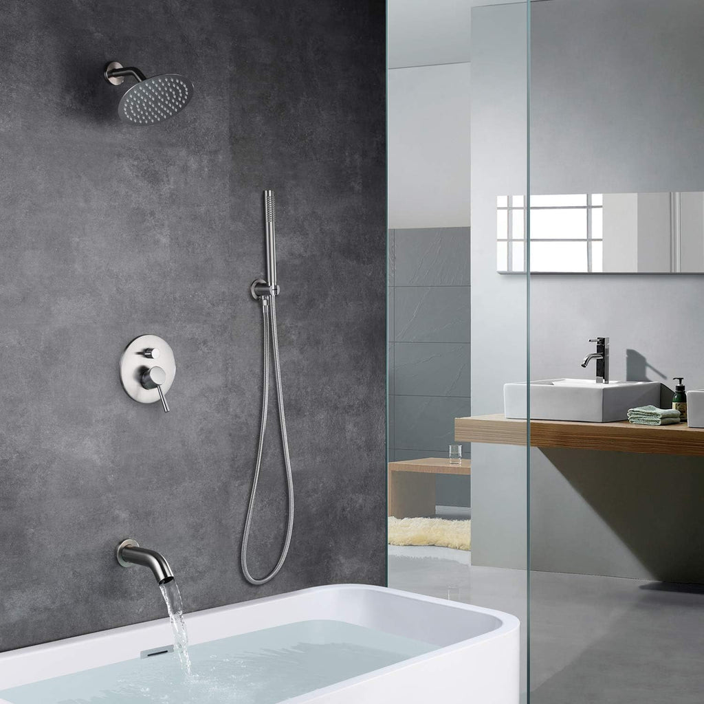 Brushed Nickel Shower System with Waterfall Tub Spout, 8 Inches Rain Shower and Handheld