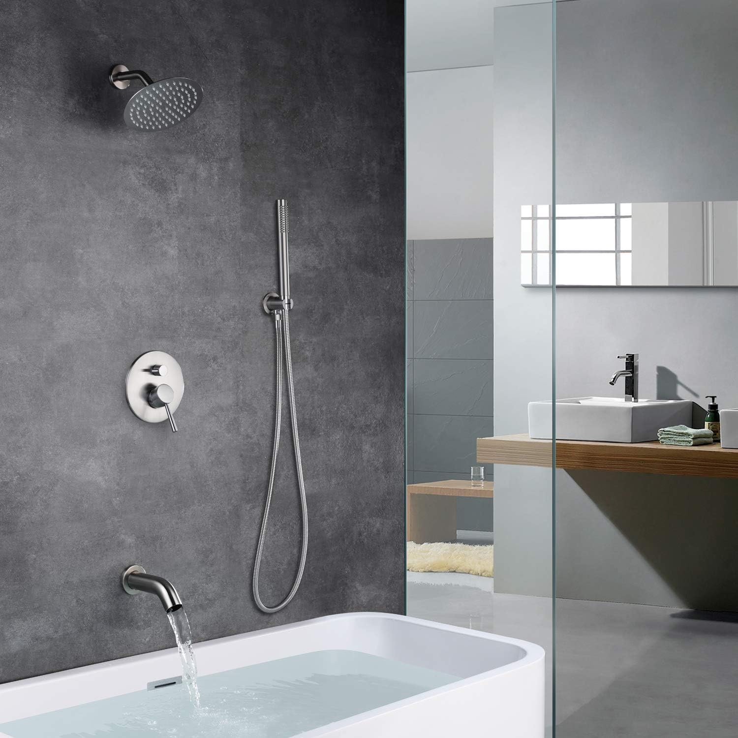 Brushed Nickel Shower System with Waterfall Tub Spout, 8 Inches Rain Shower and Handheld