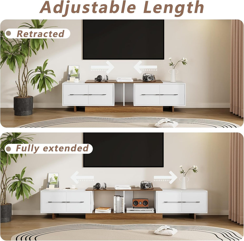 Extendable TV Stand for 55'–120' TVs, Modern Entertainment Center with 4 Drawers, Adjustable Open Shelves & Retractable Design, TV Console for Living Room, Walnut/White