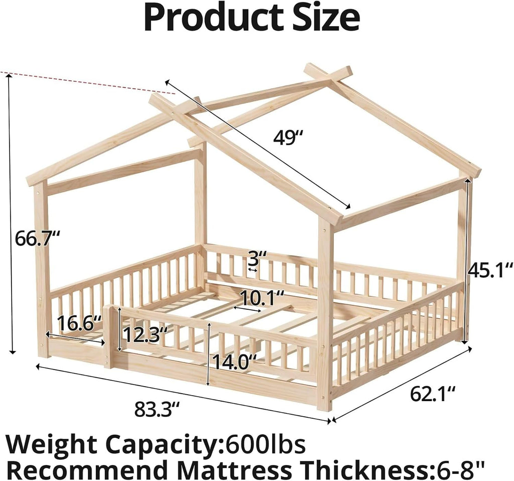 LLS Queen House Floor Bed Frame with Fence, Wooden Montessori Playhouse Bed with Slats Support for Boys Girls, Natural