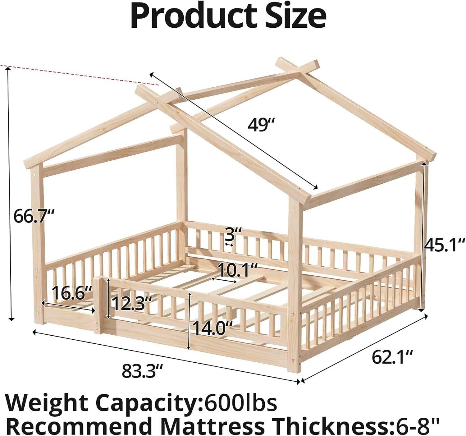 LLS Queen House Floor Bed Frame with Fence, Wooden Montessori Playhouse Bed with Slats Support for Boys Girls, Natural