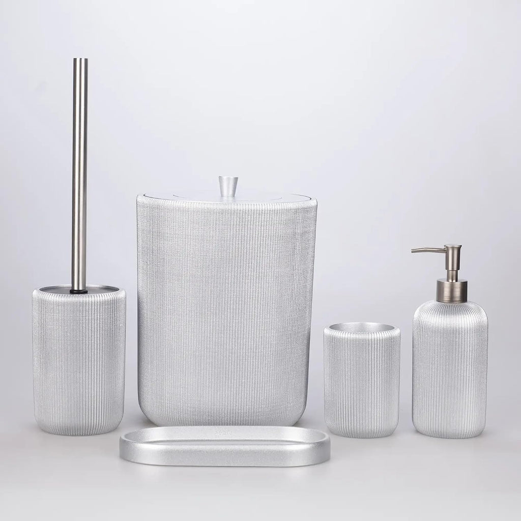 Lydia Collection 5-Piece Resin Bathroom Accessories Set – Toilet Brush Holder, Waste Bin, Soap Dispenser, Tray & Toothbrush Holder (Silver)