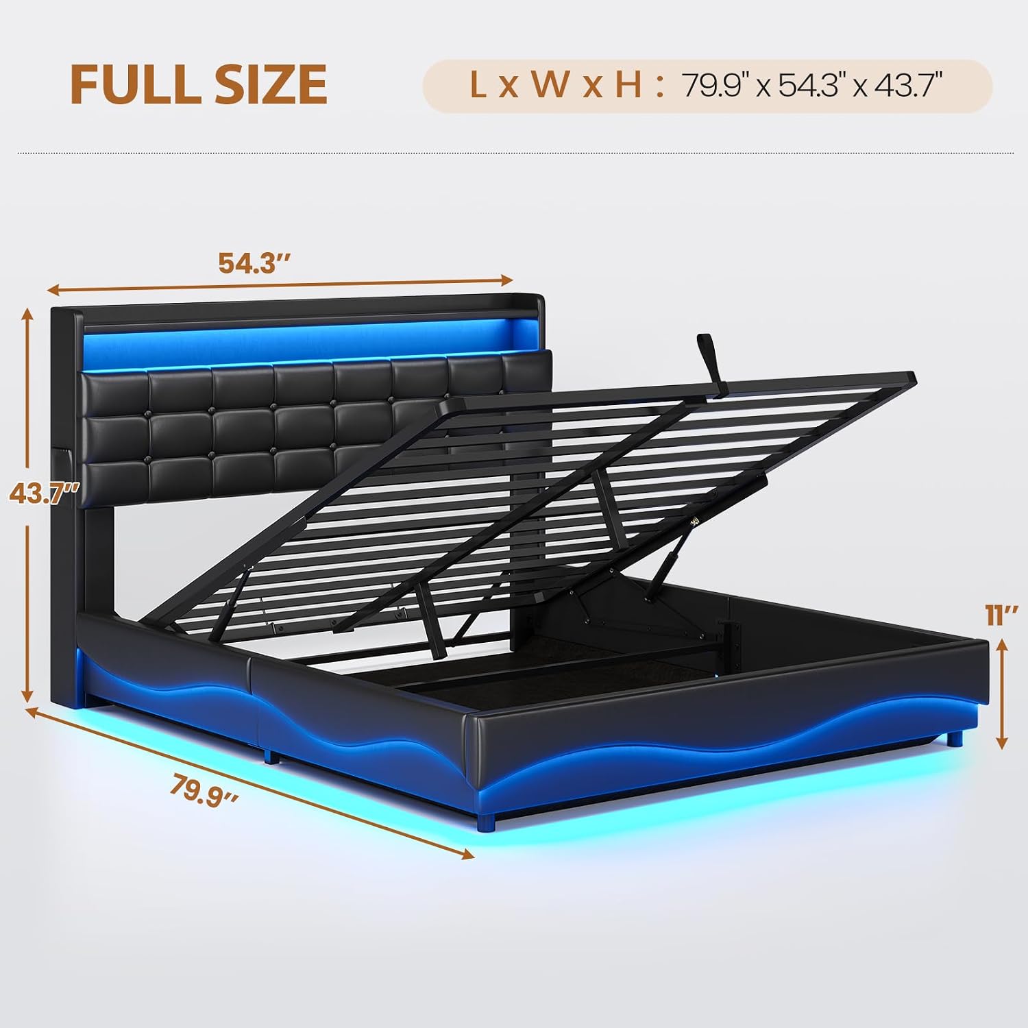BTHFST Full Size Bed Frame with Lift Up Storage, Power Outlet & RGB Lights, Headboard with Hidden Storage Cubby, PU Leather Upholstered Platform Bed, No Box Spring Needed, PU Black