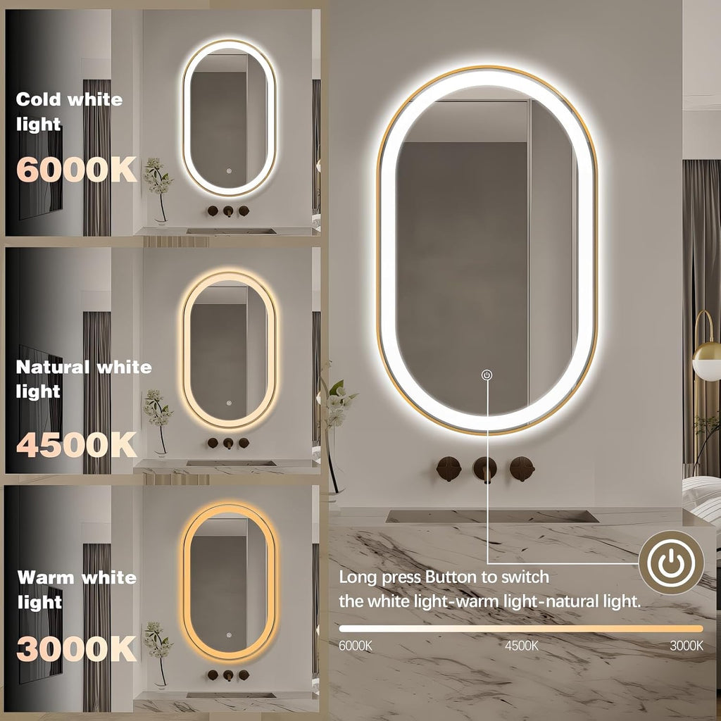 40'x24' Oval LED Bathroom Mirror with Lights, Gold Anti Fog Lighted Vanity Mirror Wall Mounted, LED Oval Mirror with 3 Colors, Memory, ShatterProof, Front/Backlit, Horizontal/Vertical