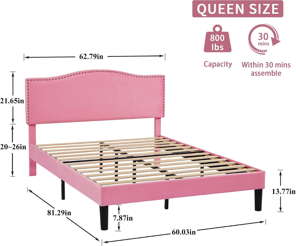 VECELO Queen Bed Frame, Platform Bed Frame with Adjustable Height Upholstered Headboard, Heavy-Duty Frames and Strong Wooden Slats Support, Non-Slip and Noise-Free, Easy Assembly, Pink