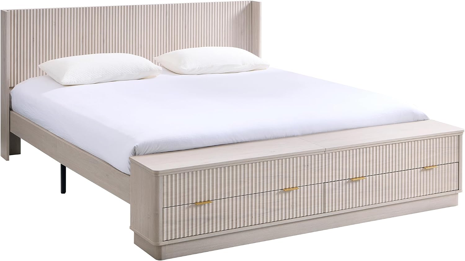 T4TREAM Fluted King Size Bed Frame with Wingback Headboard, Footboard Storage Bench with Built-in Drawers & Lift-Up Compartments, Wood & Steel Platform Bed, No Box Spring Needed, White Alder