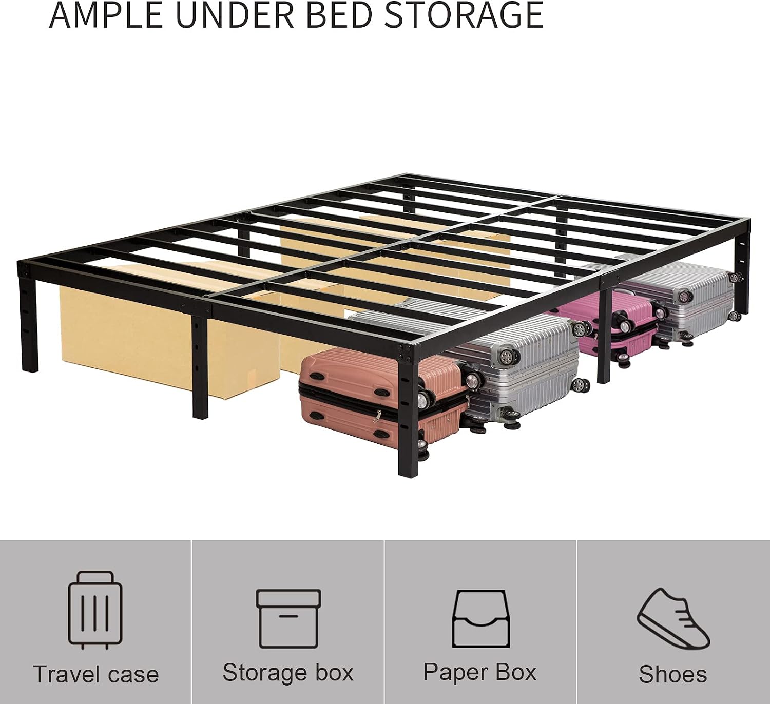 Wulanos King Size Bed Frame with Steel Slats Support, Sturdy and Durable, No Box Spring Needed, 16 Inch High 3500lbs Heavy Duty Metal Platform Frames with Storage, Noise-Free, Black
