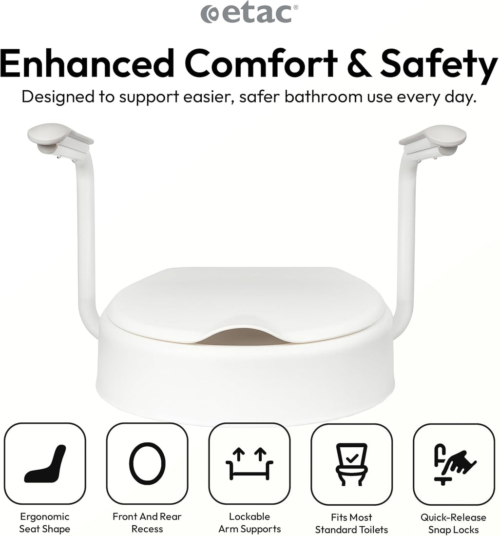 Etac Hi-Loo Fixed Toilet Seat Raiser – Stable & Comfortable Raised Toilet Seat with Foldable Arm Support, Fixed Mounting, Ergonomic Design, Fits Most Toilets – 10 cm (3.94 in) Height