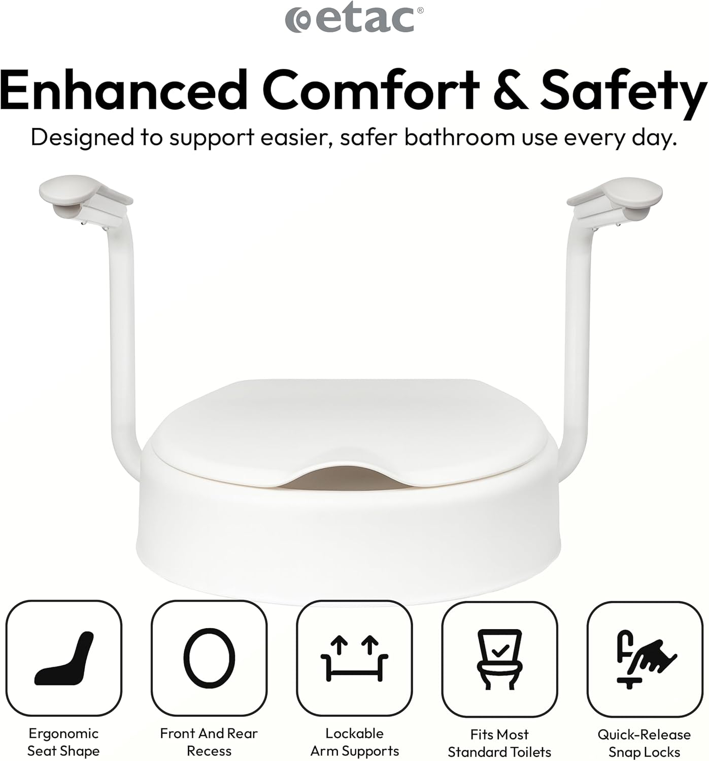 Etac Hi-Loo Fixed Toilet Seat Raiser – Stable & Comfortable Raised Toilet Seat with Foldable Arm Support, Fixed Mounting, Ergonomic Design, Fits Most Toilets – 10 cm (3.94 in) Height