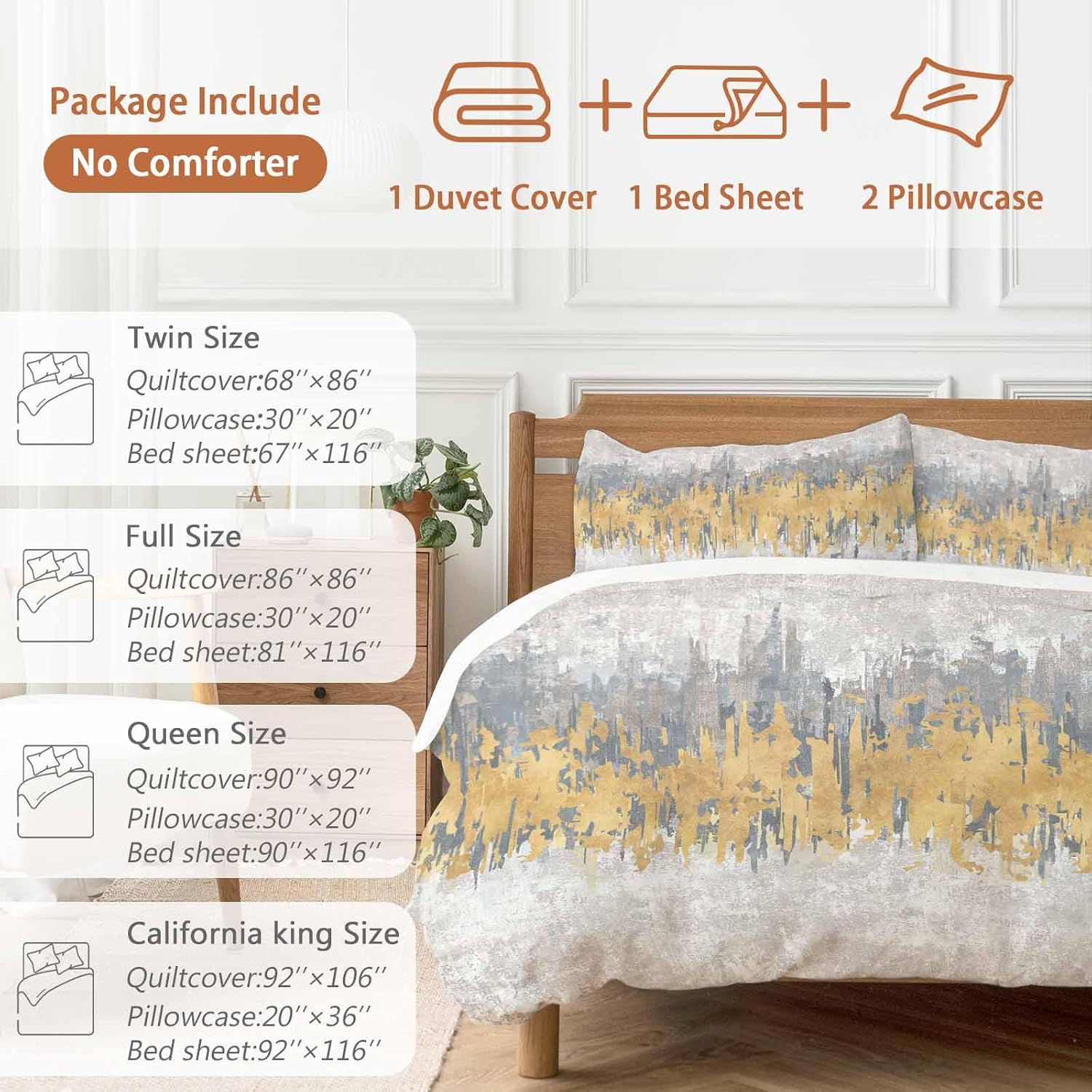 Abstract Duvet Cover Set Queen Size 4 Pieces Yellow Grey Graffiti Silhouette Art Modern Painting Bedding Set with Zipper Closure, 1 Comforter Cover 90x92 Inches 1 Flat Sheet & 2 Pillow Cases