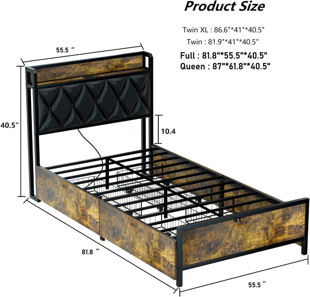 GAZHOME Full Bed Frame with 4 Storage Drawers and Charging Station, Full Size Upholstered Platform Bed Storage Headboard, No Box Spring Needed, Heavy Duty Slats, Noise Free, Easy Assembly