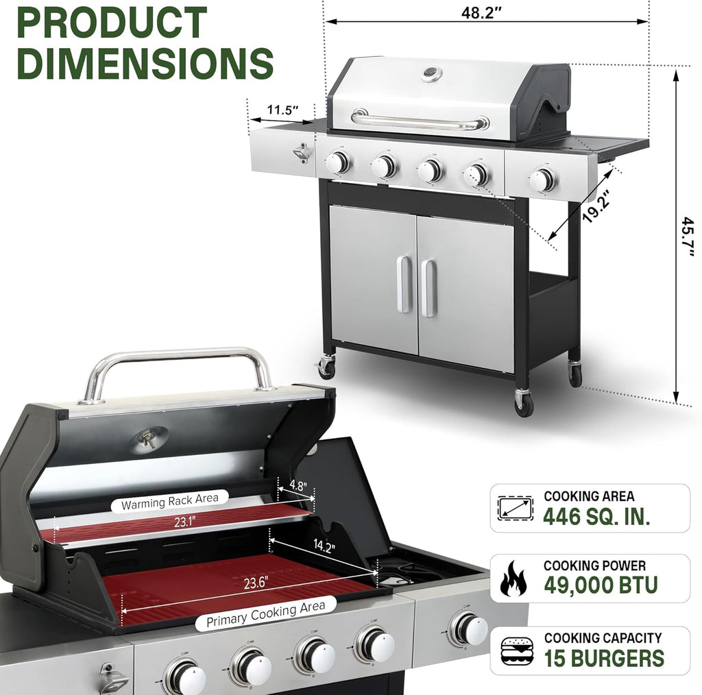 Gas Grill and Griddle Combo with Side Burner, 4-Burner Propane Grill with Porcelain-Enameled Cast Iron Grates and Double-Wall Insulated Lid, 49,000 BTU BBQ Grill for Outdoor Cooking