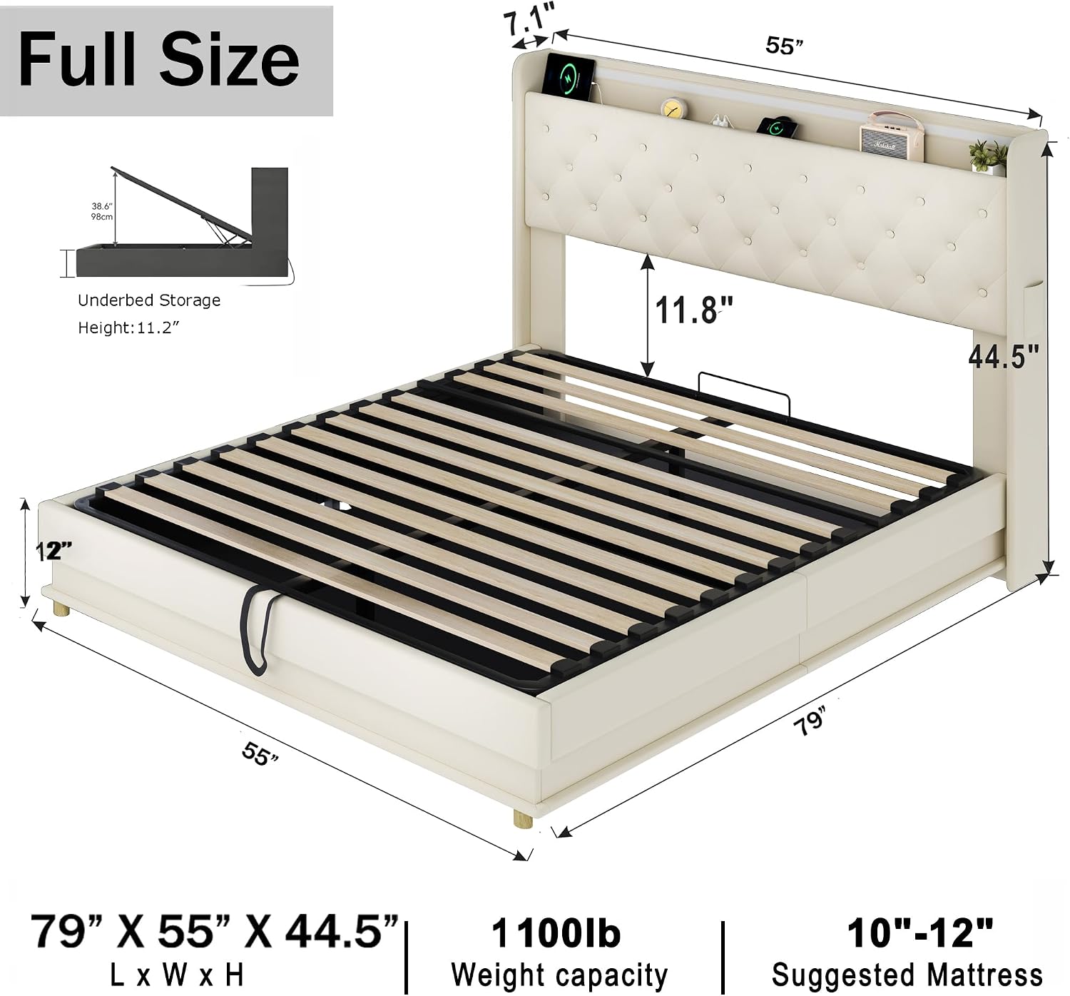 Ailisite Full Size Lift Up Storage Bed, Upholstered Platform Bed with Button Tufted Wingback Storage Headboard, Bed Frame Full Size with Led Lights and Charging Station, No Box Spring Needed, Beige