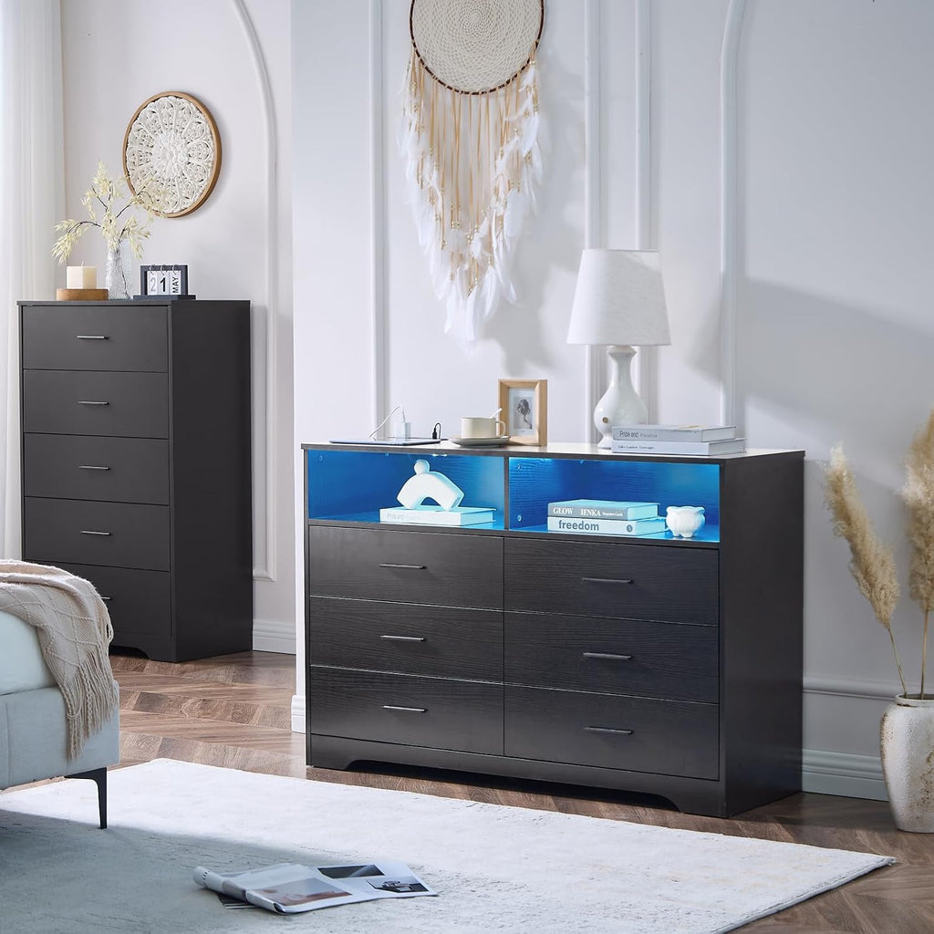 LIDYUK Black Dresser for Bedroom, 6 Drawer Dressers & Chests of Drawers, Modern Wood Dresser with Charging Station and LED Lights, 48 Inch Wide Chest of Drawers for Bedroom, Hallway, Living Room