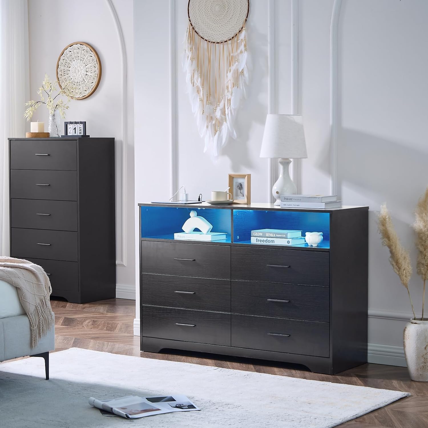 LIDYUK Black Dresser for Bedroom, 6 Drawer Dressers & Chests of Drawers, Modern Wood Dresser with Charging Station and LED Lights, 48 Inch Wide Chest of Drawers for Bedroom, Hallway, Living Room