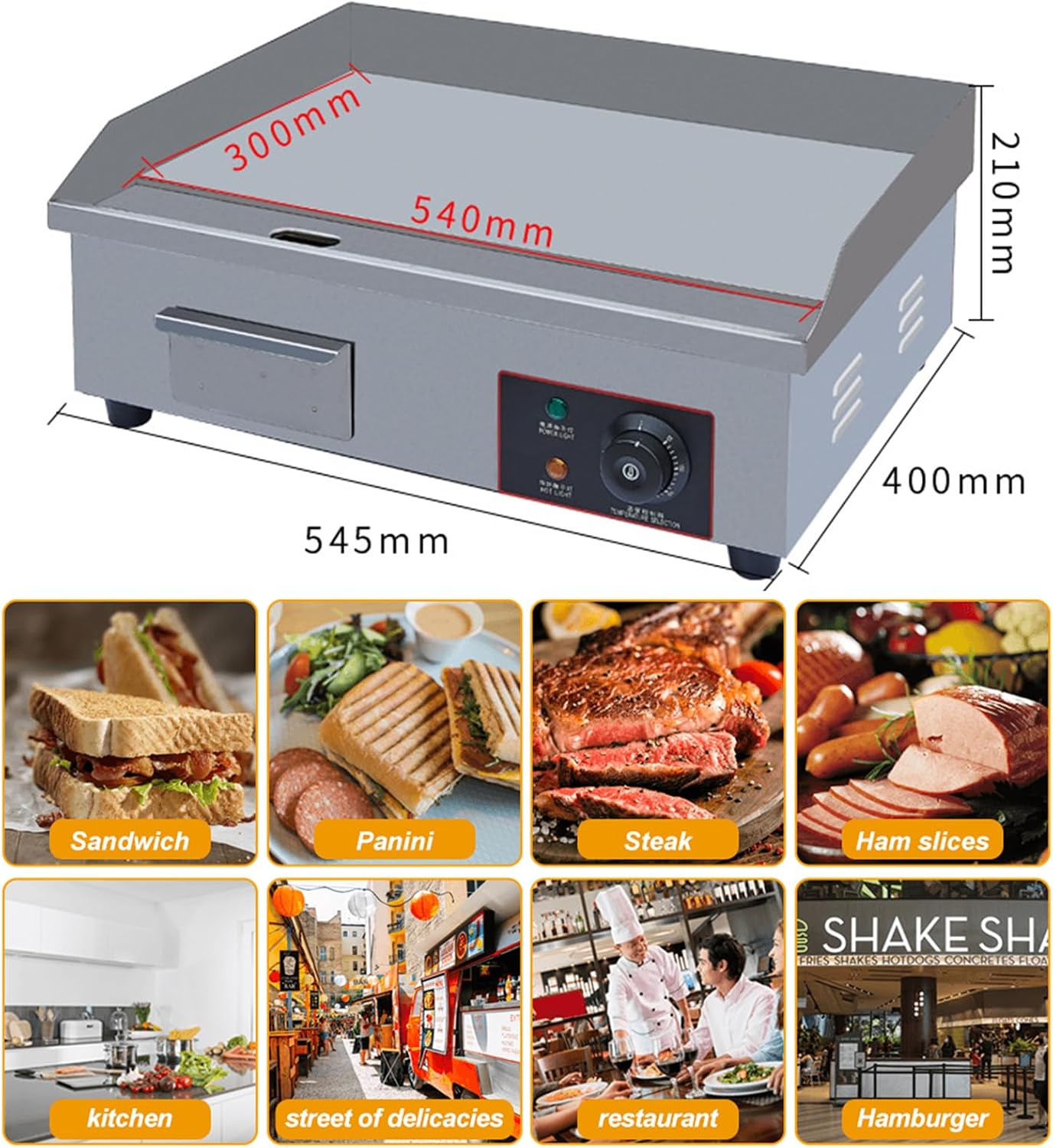 220V 3000W 21' Commercial Electric Countertop Griddle Flat Top Grill Hot Plate BBQ Adjustable Thermostatic Control 122°F-572°F Stainless Steel Restaurant Grill for Kitche
