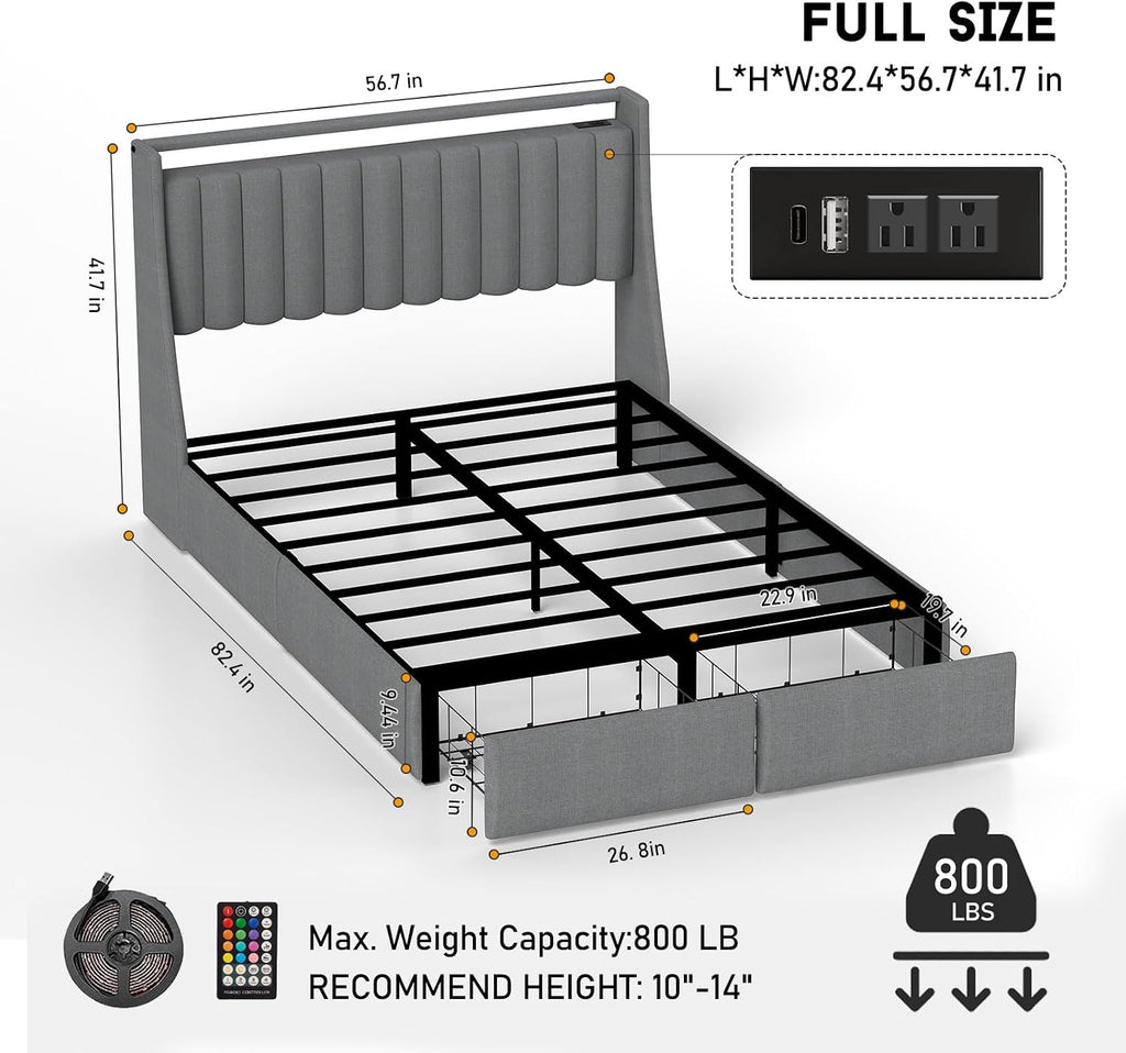 UINTAI Full Size Bed Frame with Headboard and 2 Storage Drawers, Platform Full Size Bed Upholstered with LED Lights and Charging Station, Steel Slat Support, No Box Spring Needed, Easy Assembly, Gray