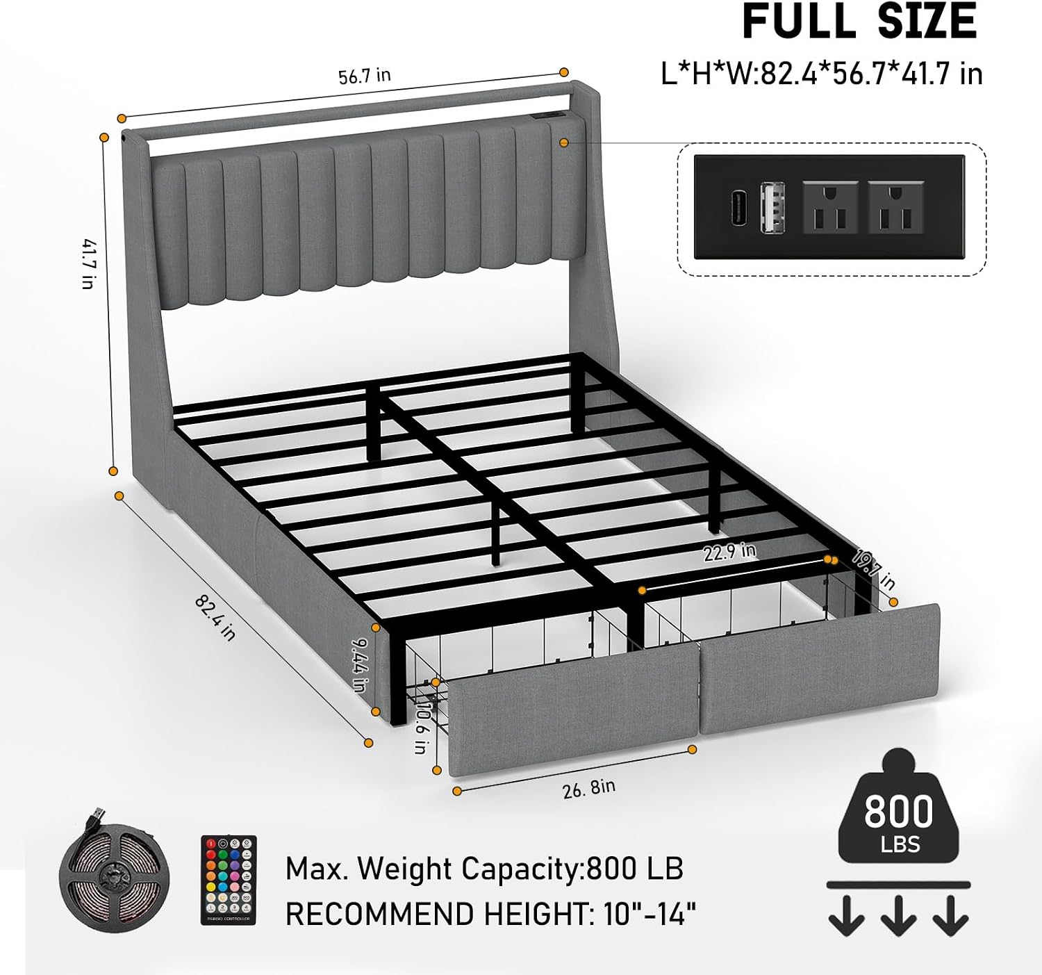 UINTAI Full Size Bed Frame with Headboard and 2 Storage Drawers, Platform Full Size Bed Upholstered with LED Lights and Charging Station, Steel Slat Support, No Box Spring Needed, Easy Assembly, Gray