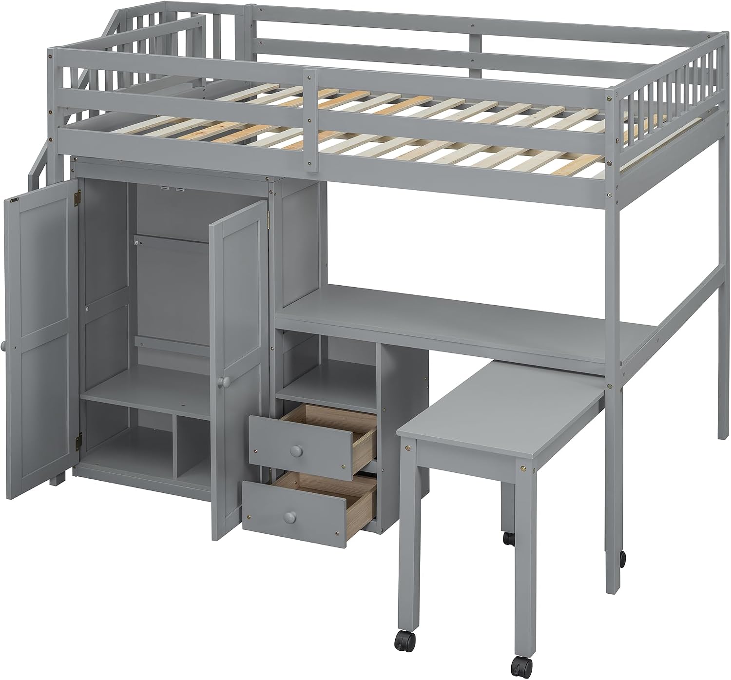 Merax Full Multifunction Loft Bed with Desk, Wardrobe, Drawers, Wood Loft Bed with Staircase & Full Length Gardrails for Boys, Girls, No Box Spring Needed Gray