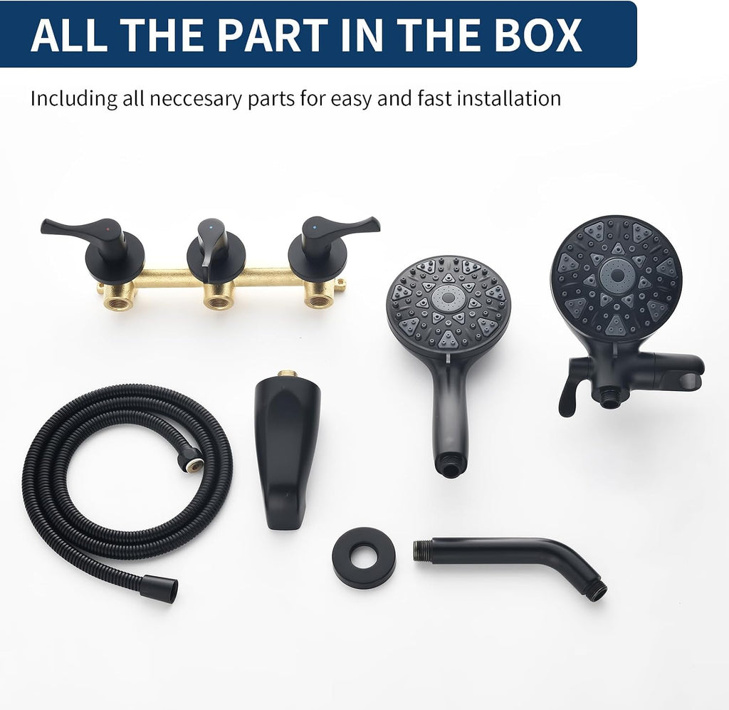 3 Handle Shower Faucet Set with Tub Spout Bathtub Shower Faucet Combo Set Shower System Complete Tub and Shower Trim Kit Matte Black Wall Mounted Shower Fixtures