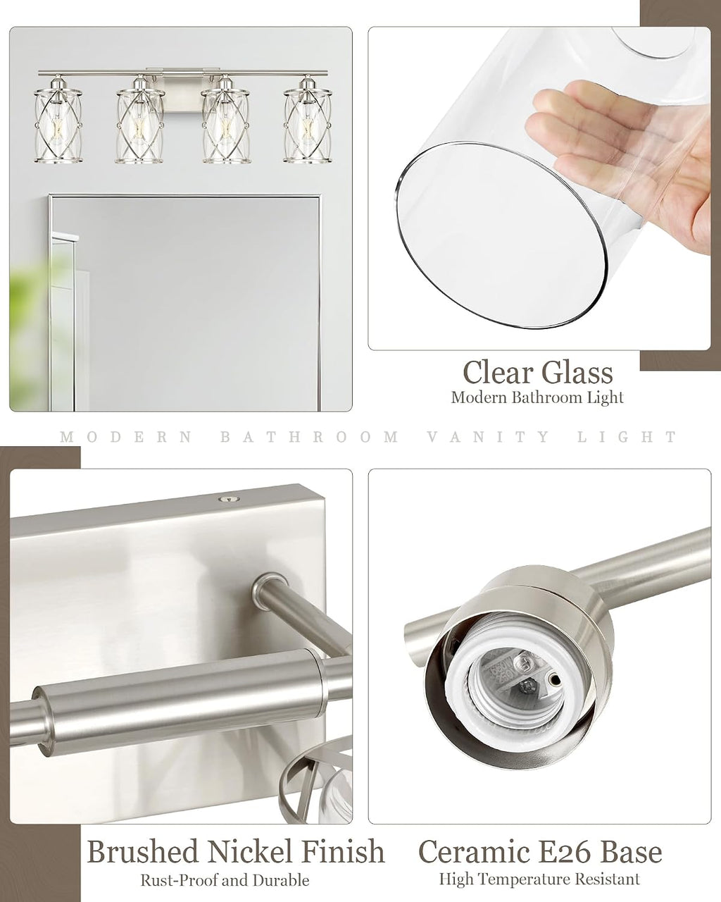 4-Light Brushed Nickel Bathroom Light Fixtures, 29 Inch Modern Bathroom Vanity Lighting Fixtures Over Mirror with Clear Glass and Metal Cage Wall Sconce Lights for Bath, E26, CH9176BN-4W