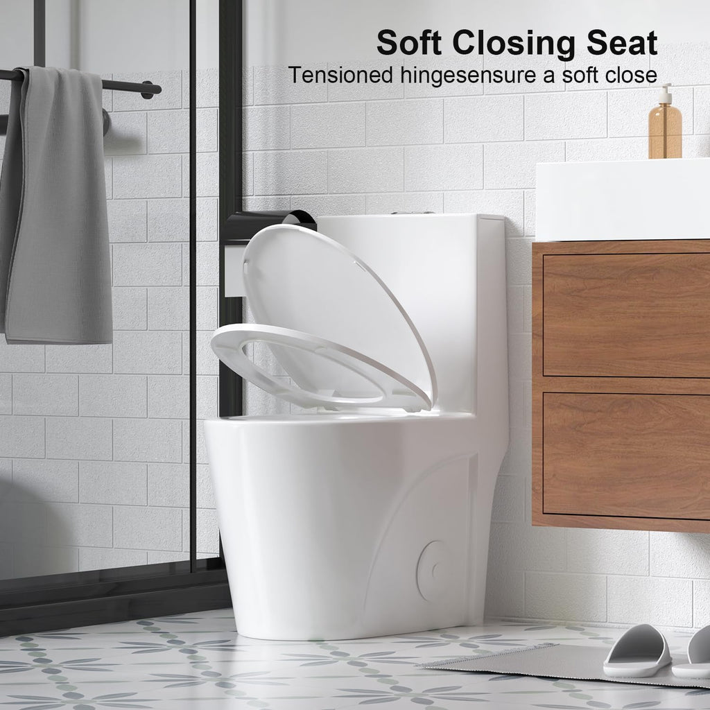 Elongated One Piece Toilet with Comfort Chair Seat ADA Height 17.3' Modern Toilet for Bathroom, Dual Flush 0.8/1.6 GPF and MAP 1000g, 12' Rough-In, Soft Closing Seat, Glossy White
