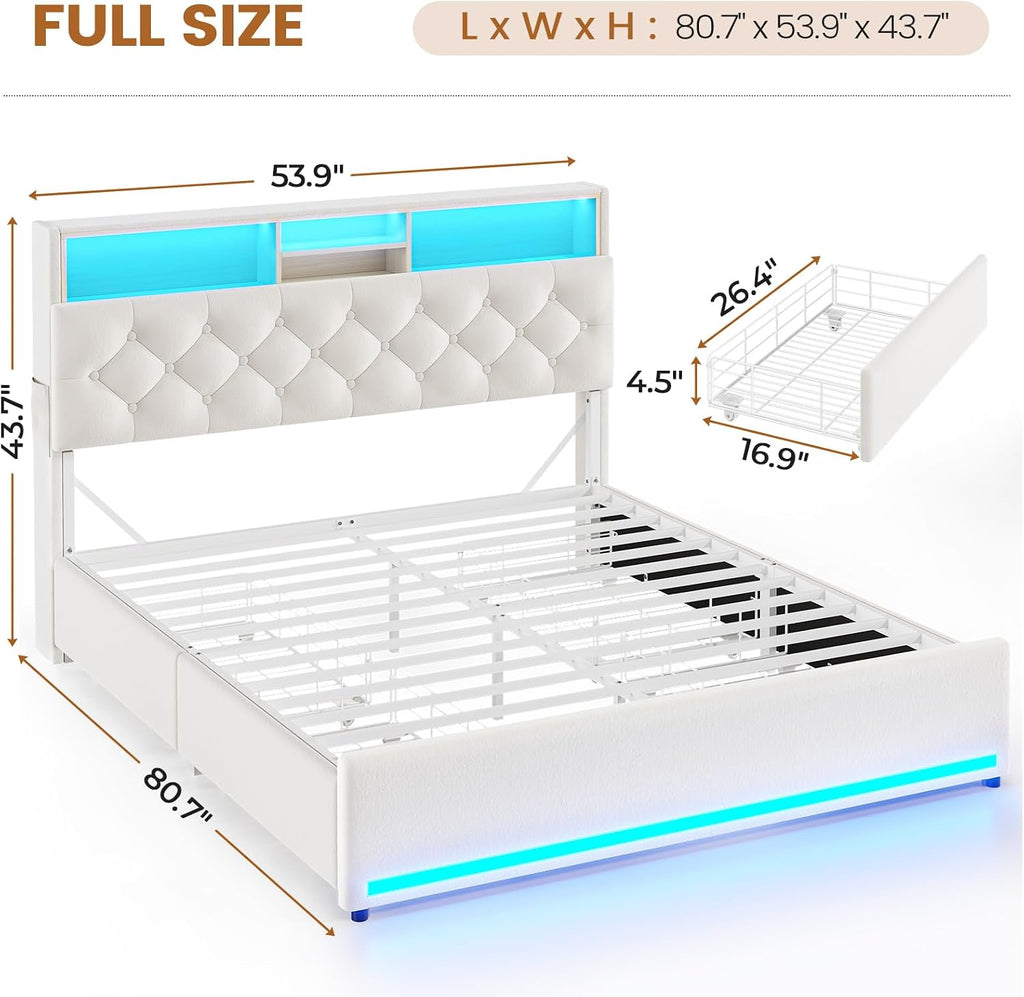 BTHFST Full Size Bed Frame with 4 Drawers & Storage Headboard, LED Bed Frame Full with Charging Station, Velvet Upholstered Bed with Metal Slats, No Box Spring Needed, Creamy White