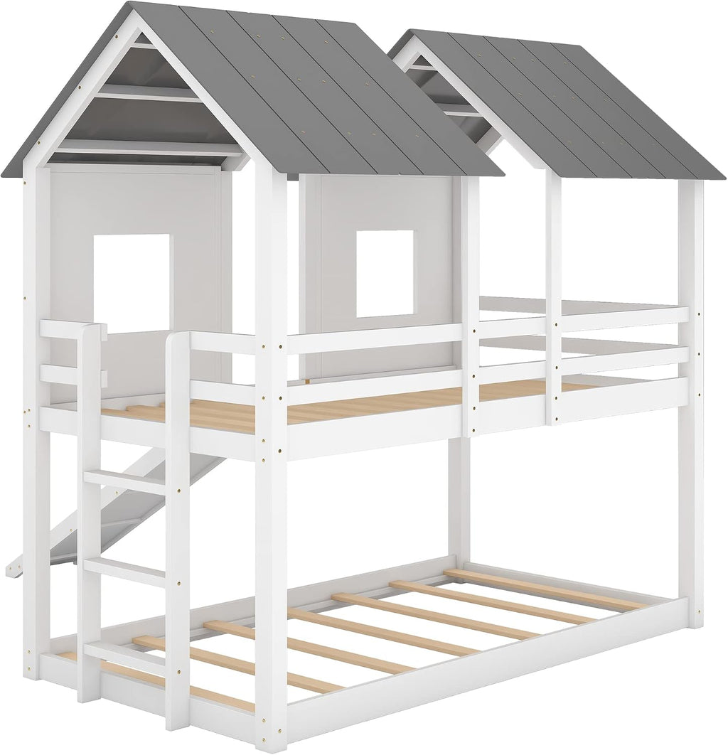 Polibi Slide Wooden Bunk Bed with Windows, Ladder, Guardrails and Twin Size in White
