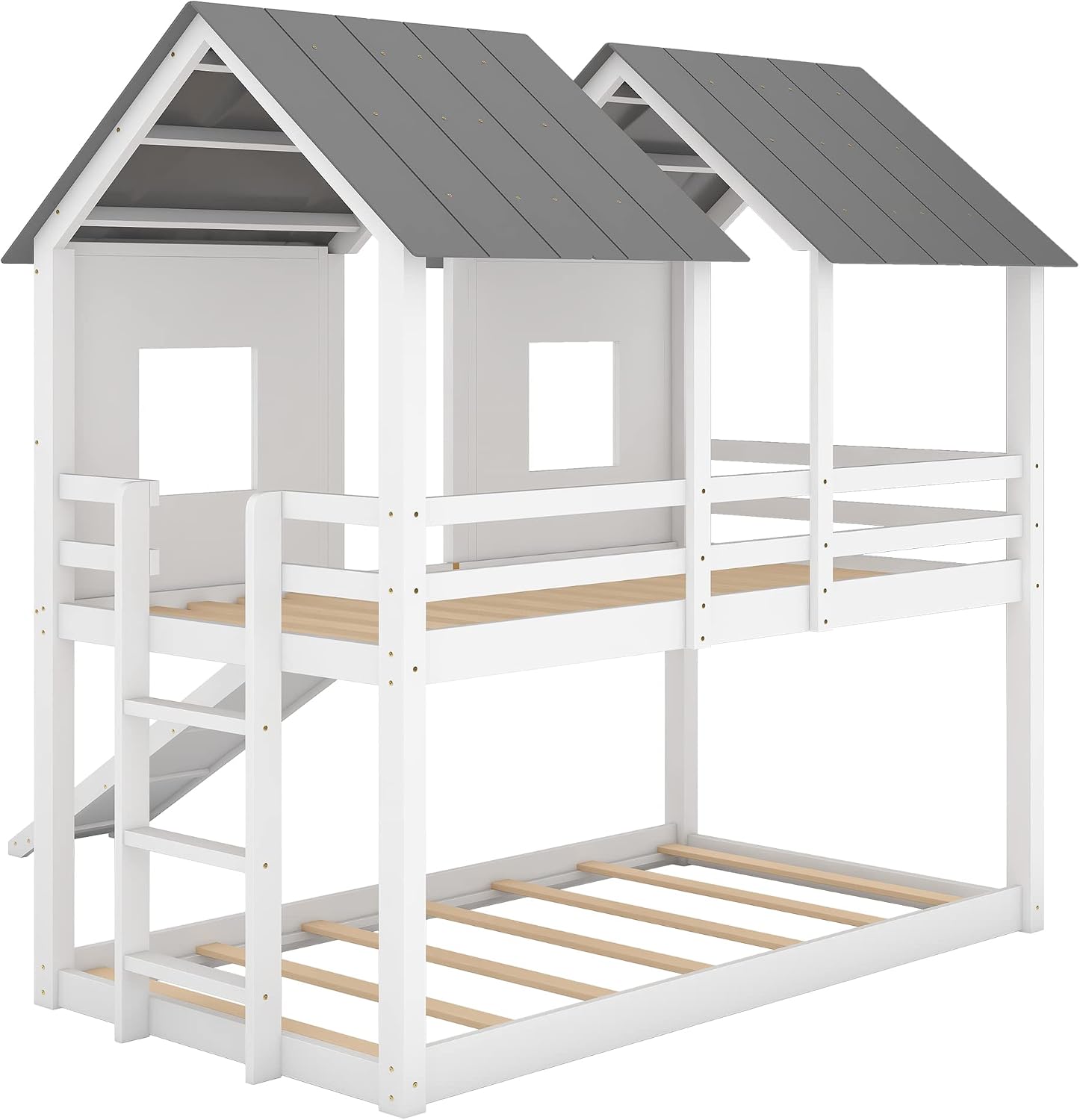 Polibi Slide Wooden Bunk Bed with Windows, Ladder, Guardrails and Twin Size in White